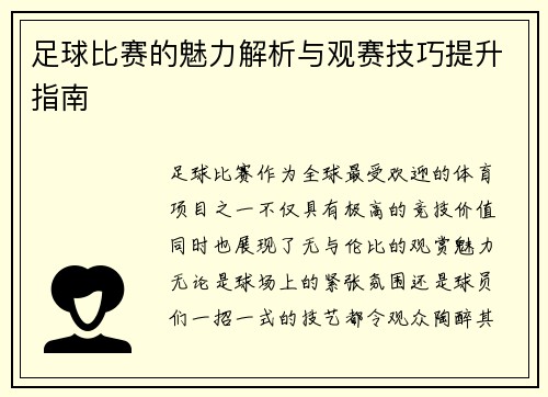 足球比赛的魅力解析与观赛技巧提升指南