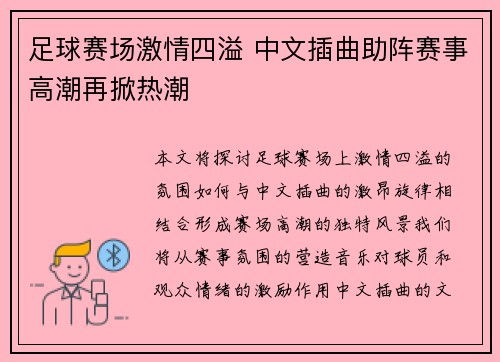 足球赛场激情四溢 中文插曲助阵赛事高潮再掀热潮