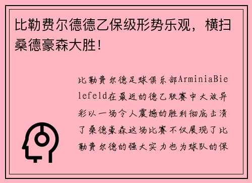比勒费尔德德乙保级形势乐观，横扫桑德豪森大胜！