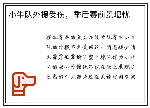 小牛队外援受伤，季后赛前景堪忧