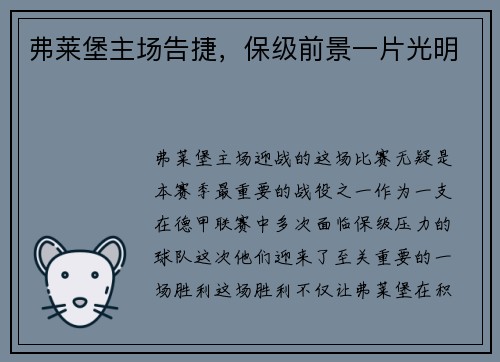 弗莱堡主场告捷，保级前景一片光明