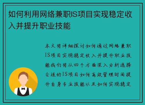 如何利用网络兼职IS项目实现稳定收入并提升职业技能