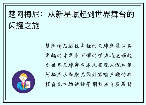 楚阿梅尼：从新星崛起到世界舞台的闪耀之旅